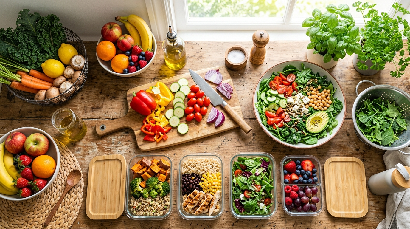 healthy meal preparation with fresh vegetables, fruits, lean protein on wooden cutting board, bright natural kitchen setting, top view